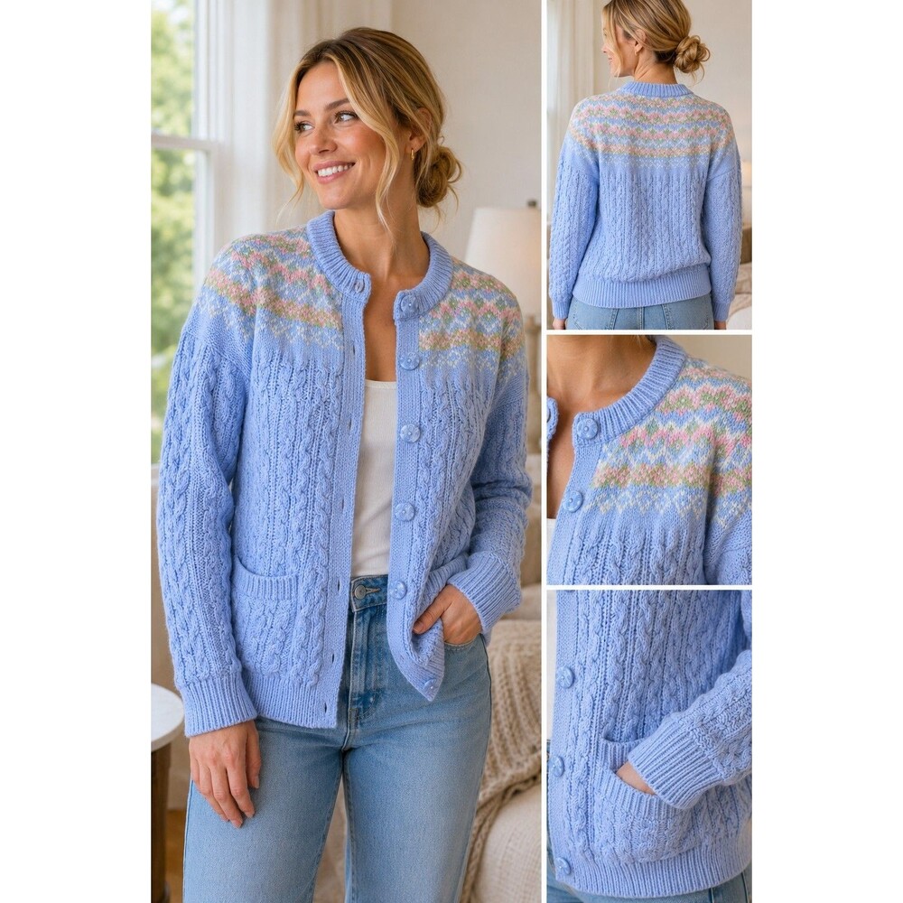 Aran Crafts Ireland Baby Blue Merino Wool Cable Knit Cardigan Sweater Medium